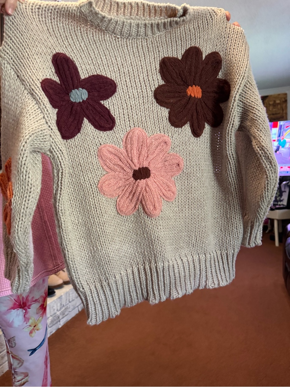 Katydid Cream Crewneck Sweater with Multicolor Floral Yarn Appliqués - Picture 4 of 8